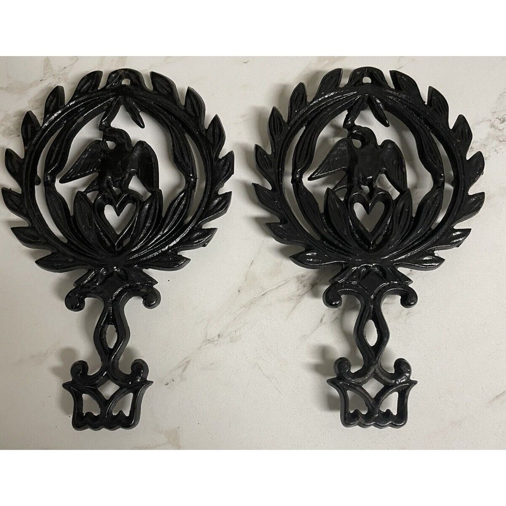 Pair Vintage Black Cast Iron Eagle‎ Heart Laurel Wreath Footed Trivet